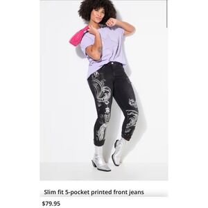 NWT Angel of Style Ulla Popken Black Graphic Print Slim Fit Jeans Size 24 FUN